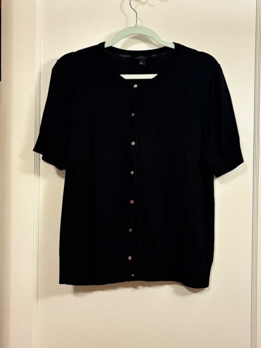 Ann Taylor Black Silk Blend Short Sleeve Crew Neck Cardigan, Large - Picture 2 of 3